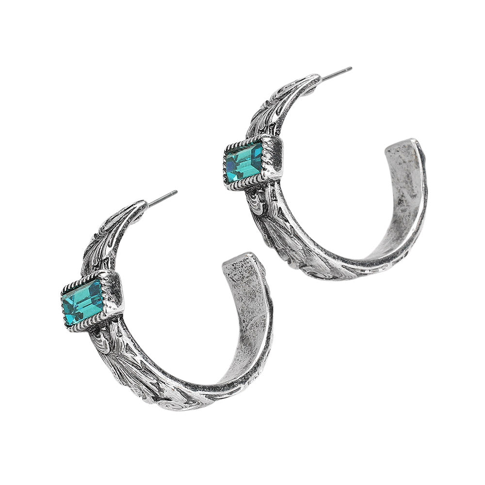 Rectangle Stone Pointed Antique Metal Western Hoop Earrings