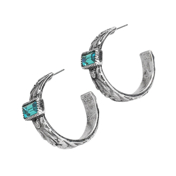 Rectangle Stone Pointed Antique Metal Western Hoop Earrings