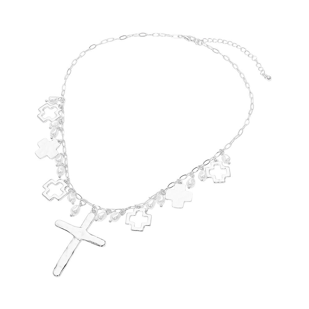 Hammered Metal Cross Pearl Charm Embellished Necklace