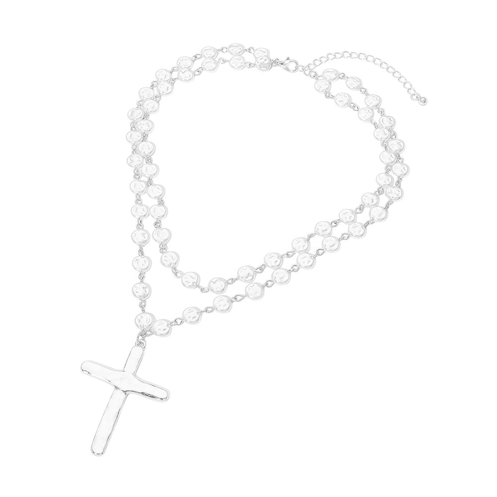 Hammered Metal Cross Beaded Chain Layered Necklace