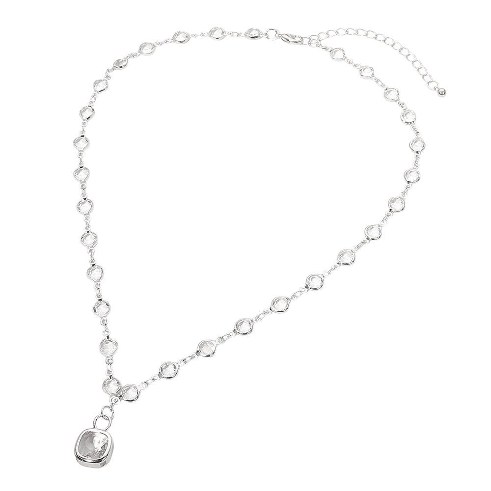 Square Stone Pendant Accent Round Bezel Link Necklace