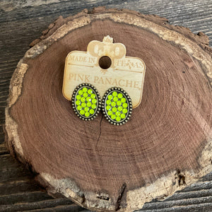 E-420SNY Silver Neon Yellow Oval Stud