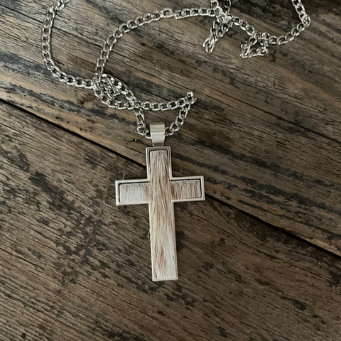 D47011 Silver Strike Men's Calf Hair Cross Pendant Necklace