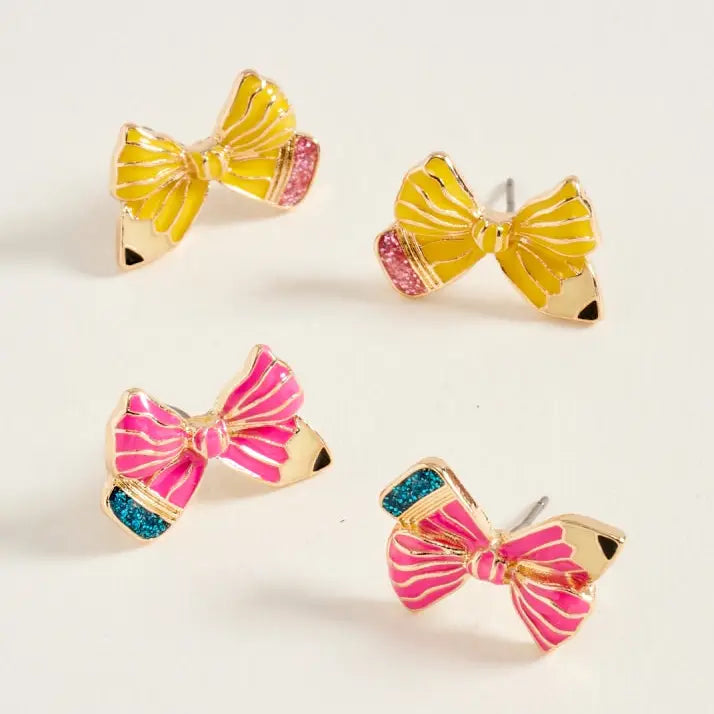 School Pencil Enamel Dainty Ribbon Bow Earrings