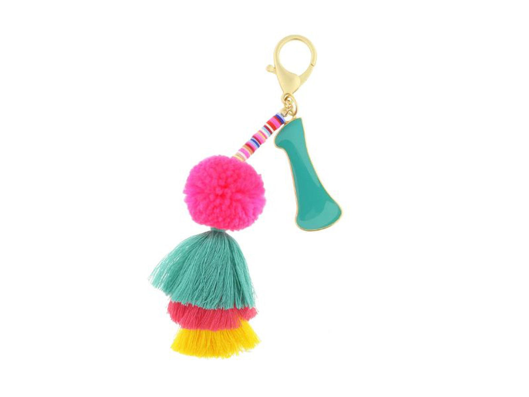 ENAMEL INITIAL MULTI BEADED STRANDS, POMS, STACKED TASSEL KEYCHAIN