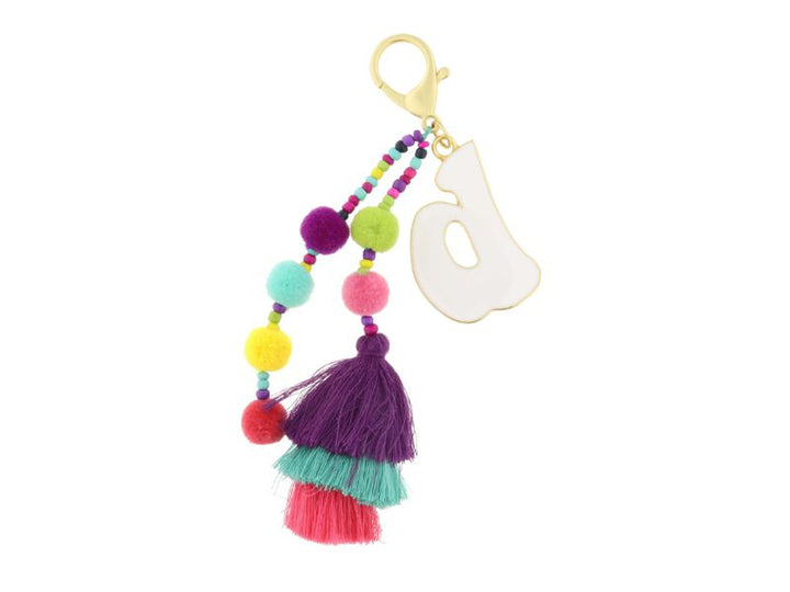ENAMEL INITIAL MULTI BEADED STRANDS, POMS, STACKED TASSEL KEYCHAIN
