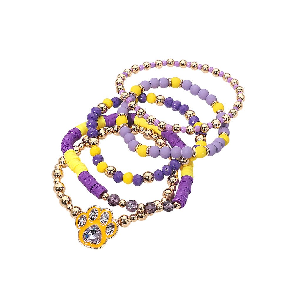 5PCS - Game Day Paw Charm Beaded Stretch Multi Layered Bracelets