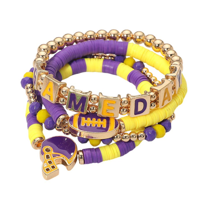 4PCS - GAMEDAY Football Charm Beaded Stretch Multi Layered Bracelets
