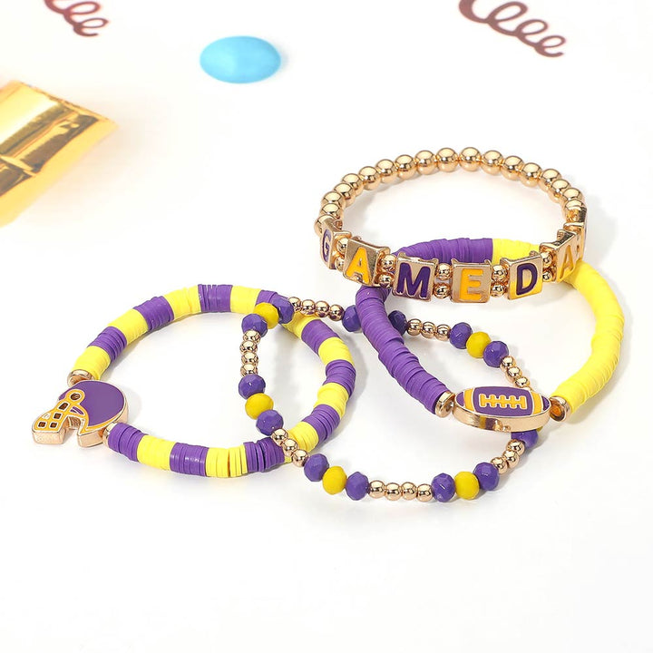 4PCS - GAMEDAY Football Charm Beaded Stretch Multi Layered Bracelets