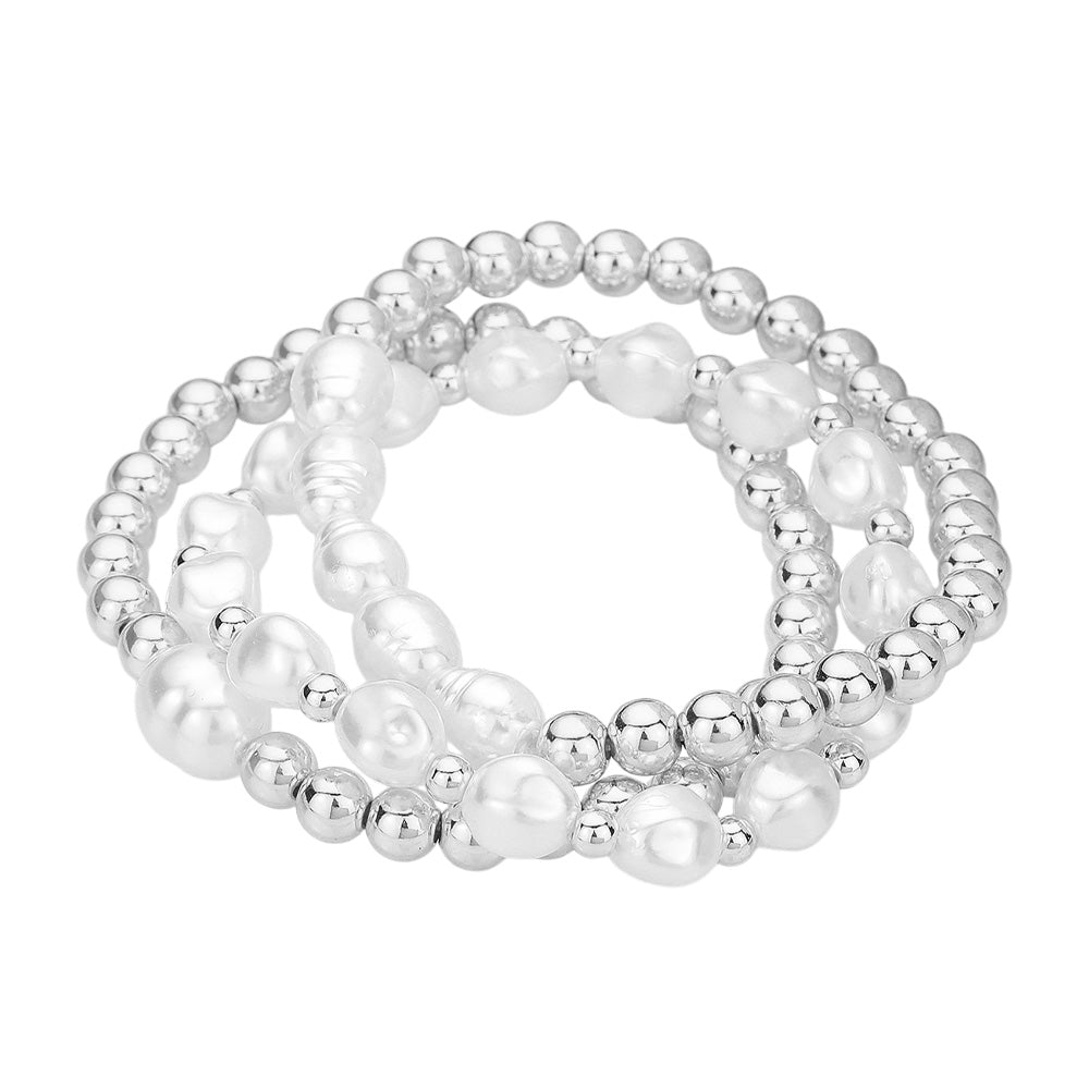 3PCS - Metal Pearl Ball Beaded Stretch Multi Layered Bracelets