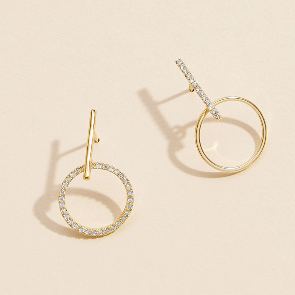 Gold Dipped CZ Stone Paved Bar Circle Dangle Earrings