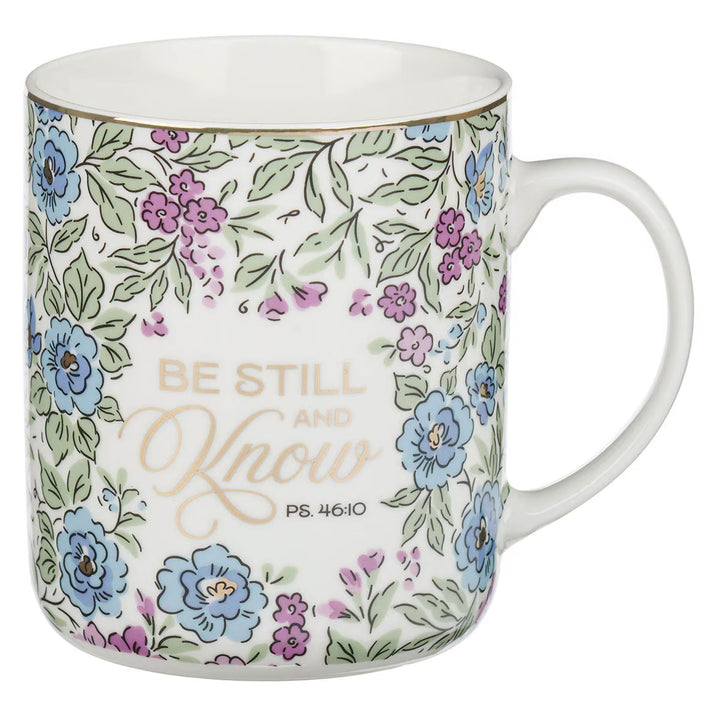 Be Still and Know Purple Trio Floral Ceramic Coffee Mug - Psalm 46:10