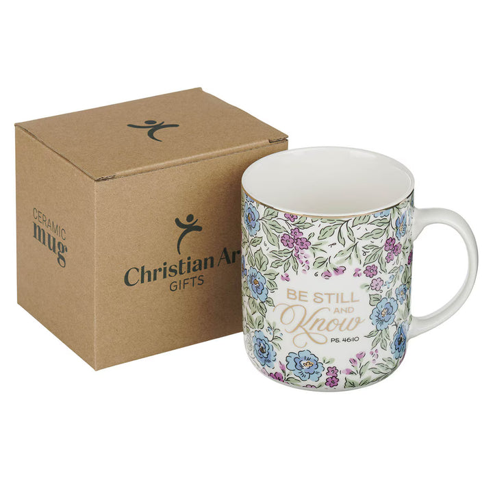 Be Still and Know Purple Trio Floral Ceramic Coffee Mug - Psalm 46:10