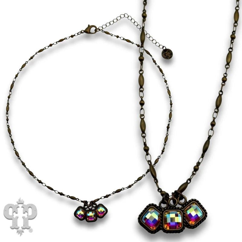 Pink Panache Fine chain and checkerboard cut rhinestone charm necklace