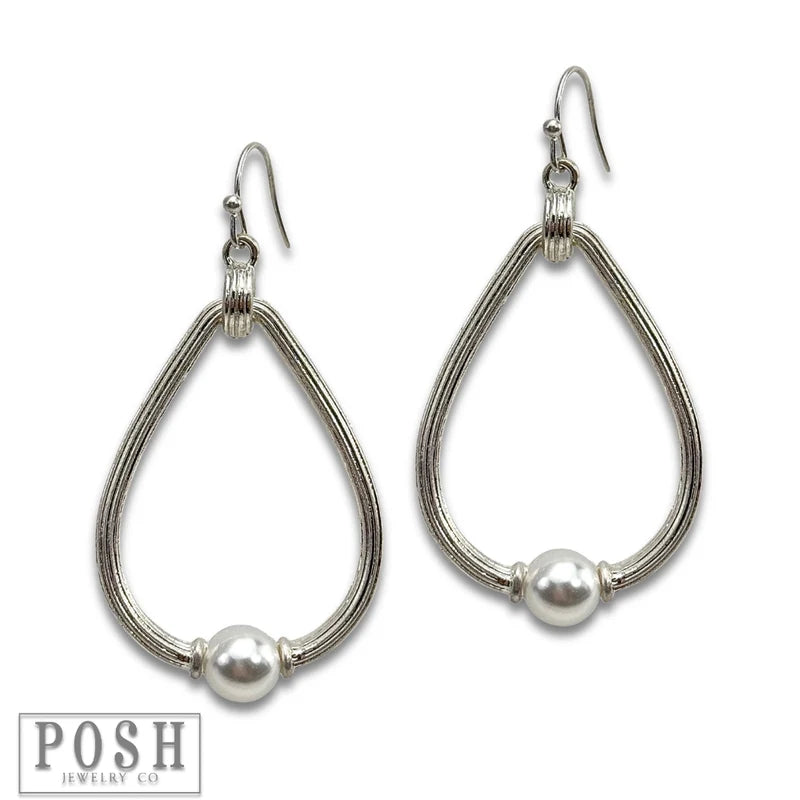 Textured teardrop with pearl bead earring