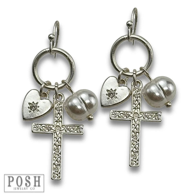 Cross charm earring -silver