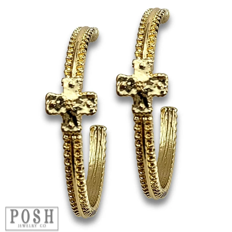 Cross charm hoop earring
