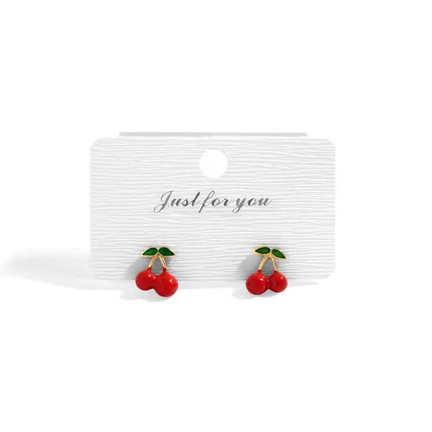 Steel Red Cherry Stud Earrings