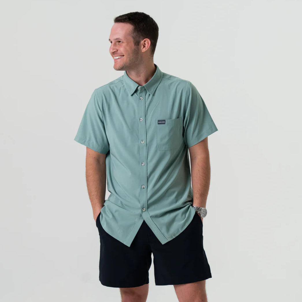 BURLEBO PERFORMANCE BUTTON UP OCEAN SWELL