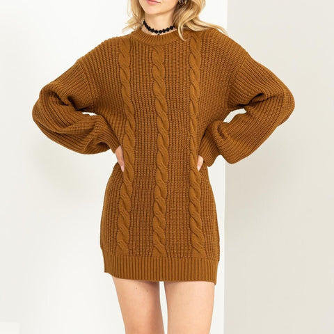 CABLE-KNIT RIBBED MINI SWEATER DRESS