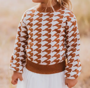 Crawford Bubble Sleeve Sweater - Camel & White Houndstooth