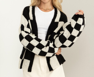 BE BOLD CHECKERED OPEN FRONT CARDIGAN