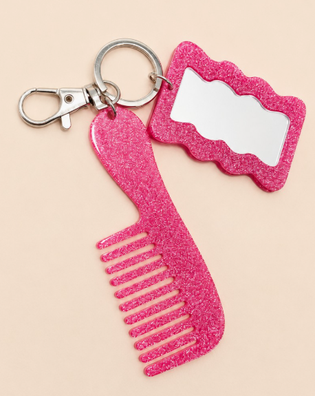 Glitter Hair Comb Mirror Bag Charm Key Chain