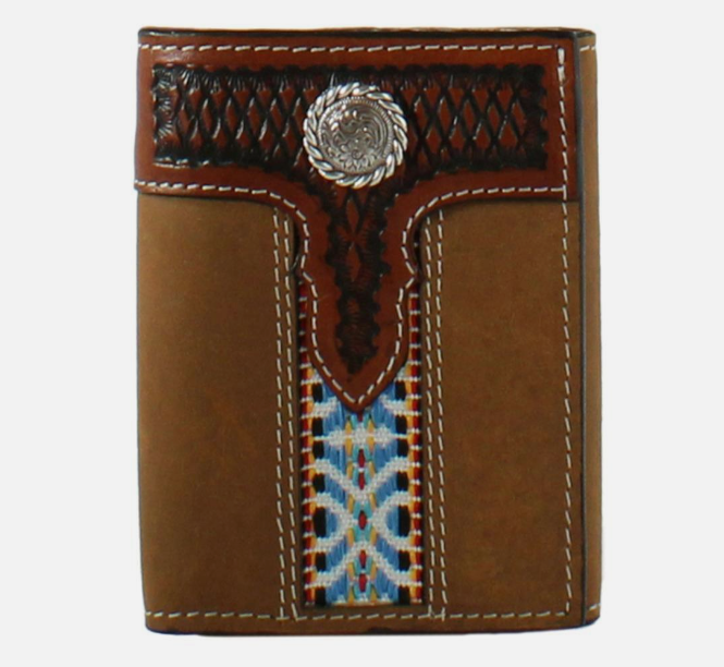3D Western Men Wallet Trifold Leather Aztec Ribbon Inlay Concho Brown D250007102