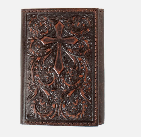Nocona Western Mens Wallet Trifold Leather Embossed Cross Brown N5417444