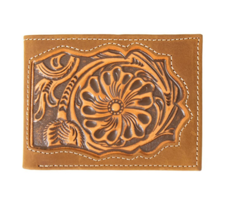 3D Western Mens Wallet Bifold Leather Floral Embossed Inlay Brown D250011602