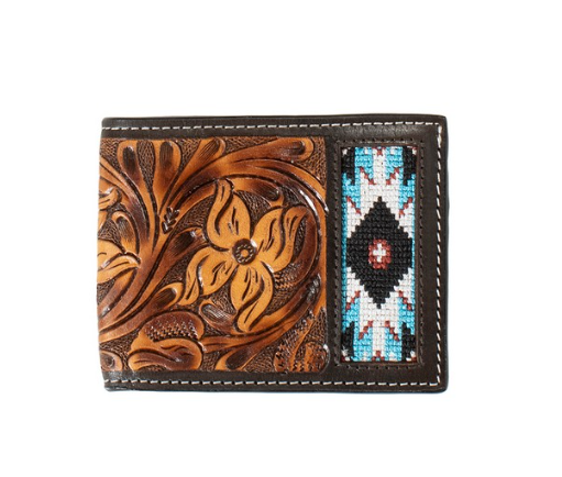 3D Western Wallet Mens Floral Tooled Inlay Bifold Brown D250010902