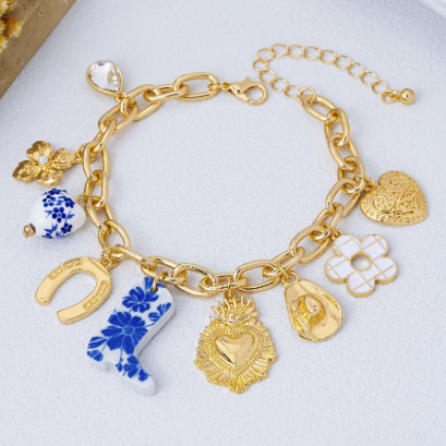 Blue & White Floral Western Charm Link Bracelet