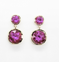2 Tier Round Glass Stone Round Drop Gold Earrings