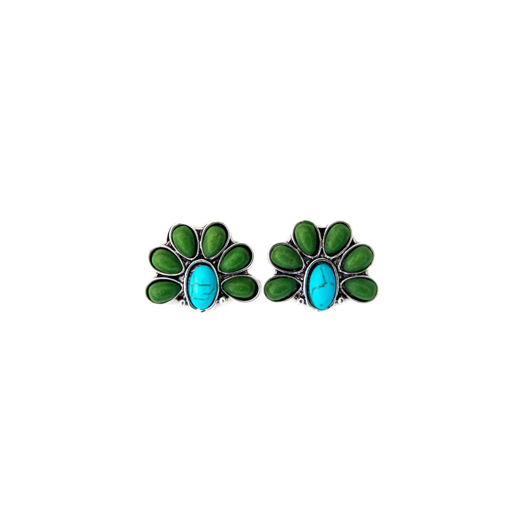 1" Turquoise and Green Half Flower Post Earring