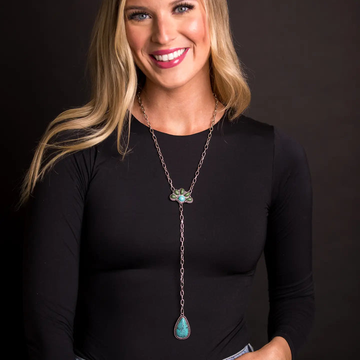 Turquoise & Green Half Flower Y Necklace
