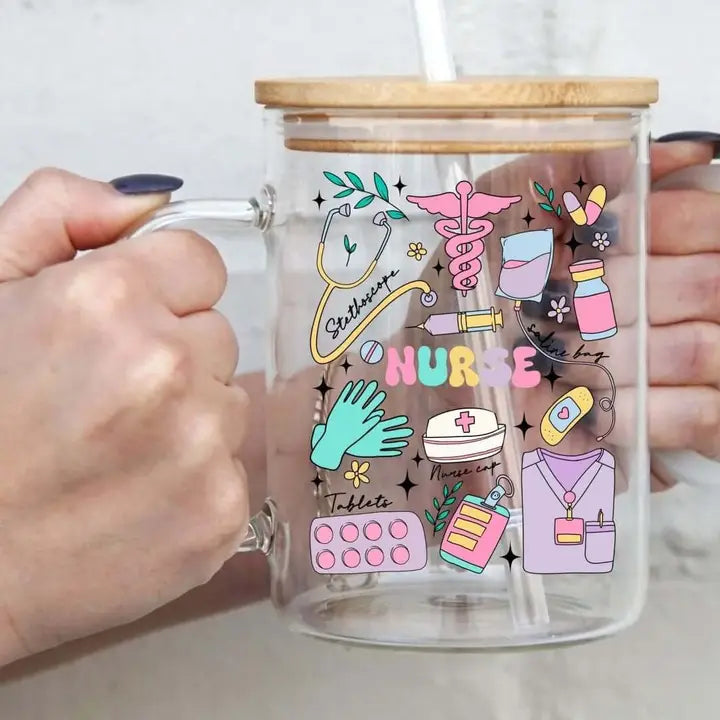 Nurse 17oz Glass Mug with Lid and Straw