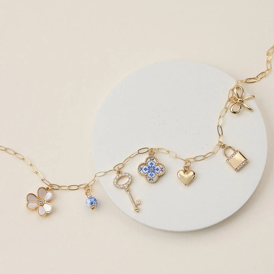 Gold Charm Necklace with Key, Heart & Floral Accents