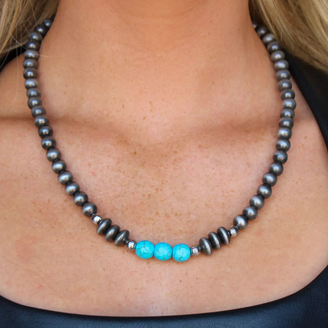 Burnished Silver Navajo Pearl & Turquoise Beaded Necklace