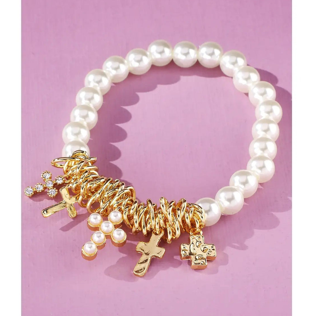 Pearl and Cross Charms Bracelet