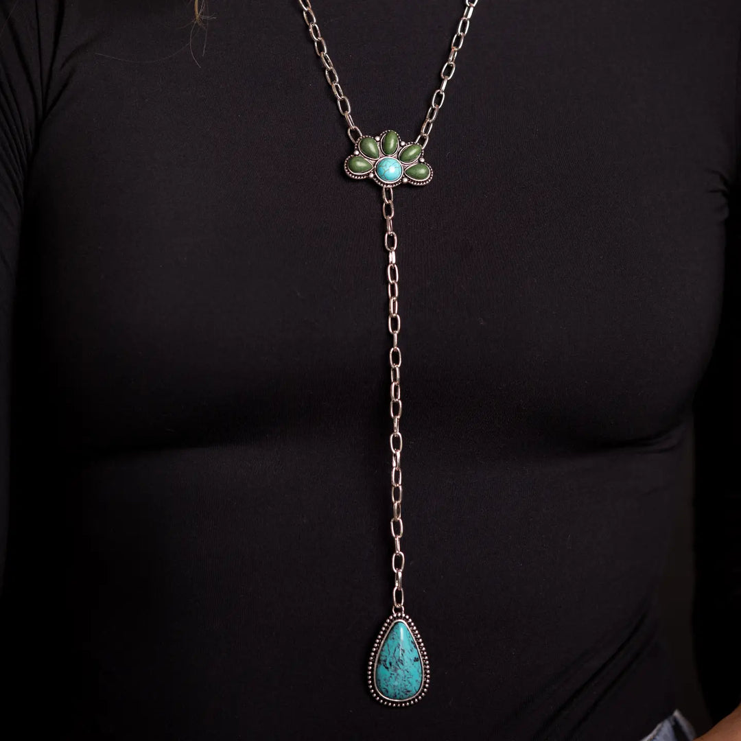 Turquoise & Green Half Flower Y Necklace