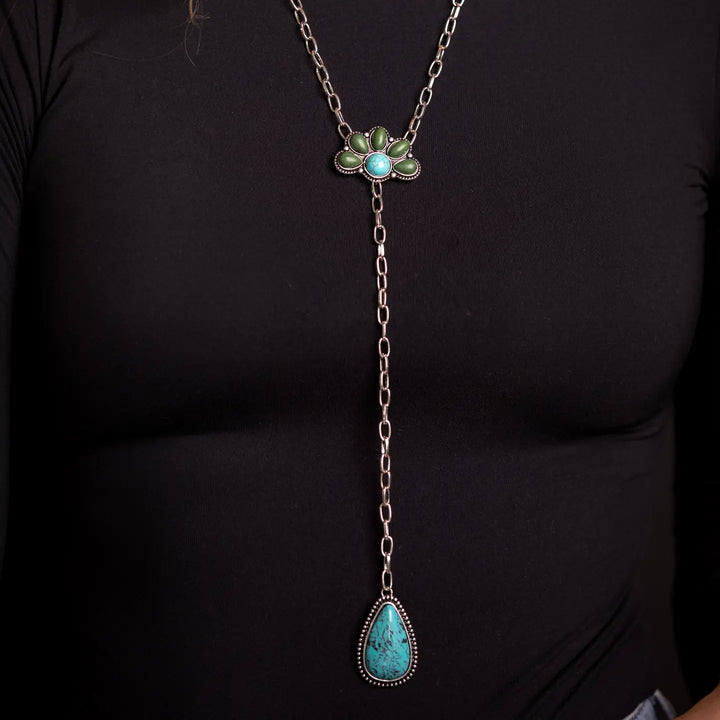 Turquoise & Green Half Flower Y Necklace