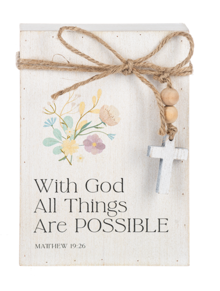 Floral Bible Verse Message Block with Beaded Cross