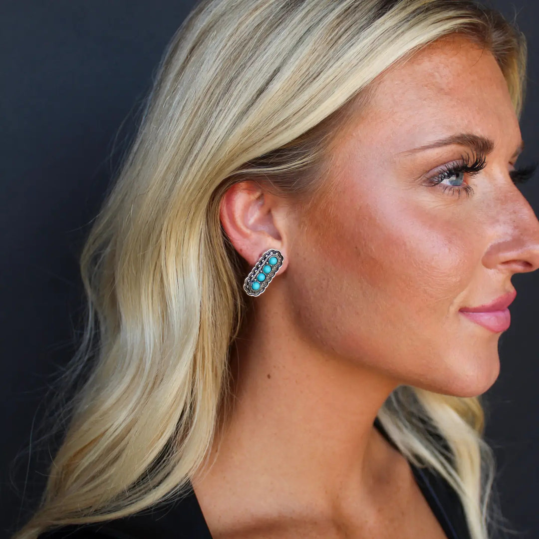 1" Turquoise & Silver 4 Stone Stamped Post Earrings