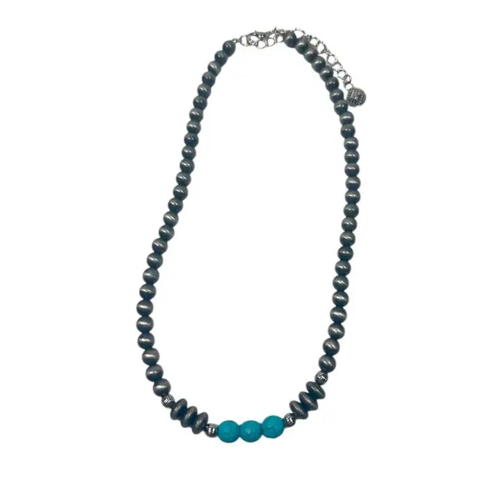 Burnished Silver Navajo Pearl & Turquoise Beaded Necklace
