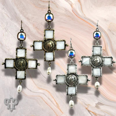 Iridescent pearl cross and coin earring, Austrian crystal