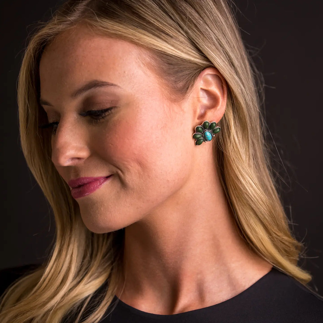 1" Turquoise and Green Half Flower Post Earring