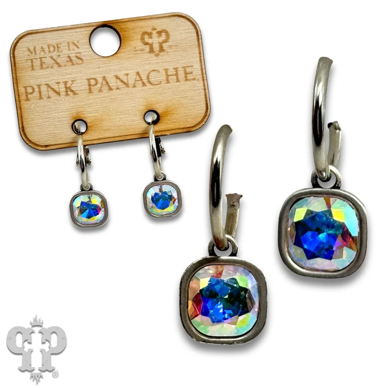 Pink Panache Square rhinestone charm hoop earring
