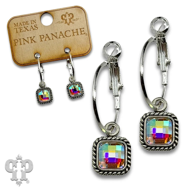 Pink Panache Silver hoop earrings with square iridescent crystal drop