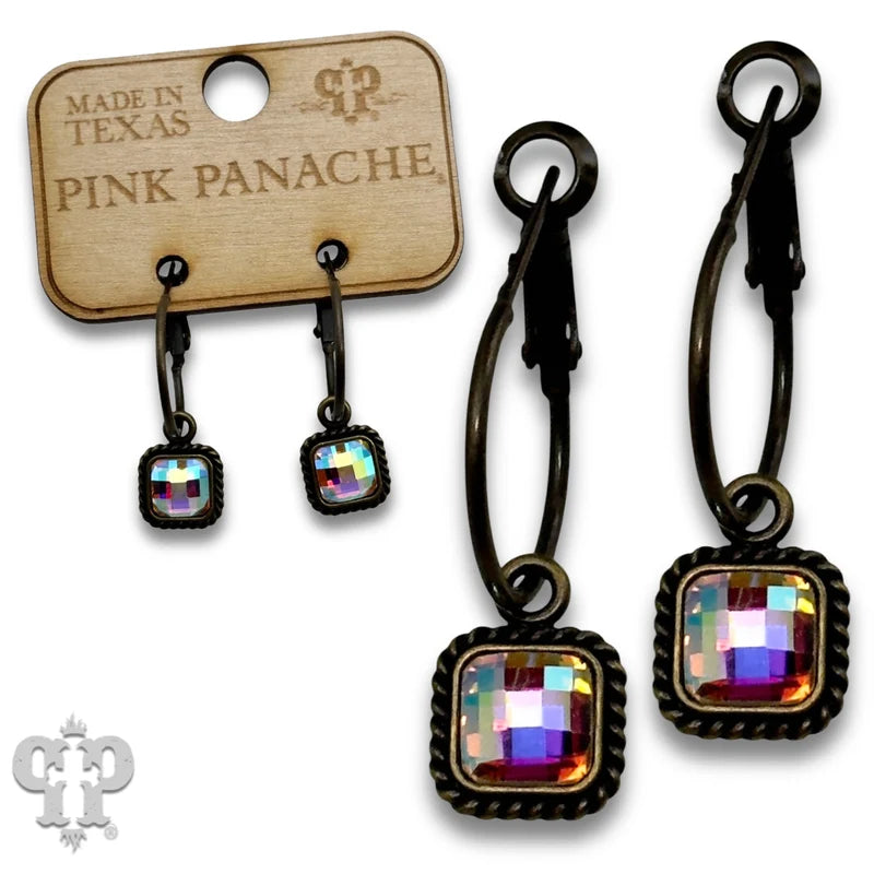 Pink Panache Bronze hoop earrings with square iridescent crystal drop