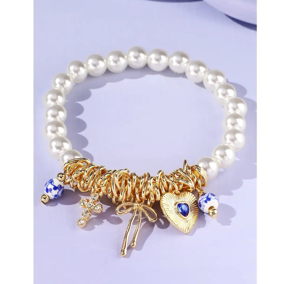 Pearl with Cross,Bow,Heart Charms Bracelet